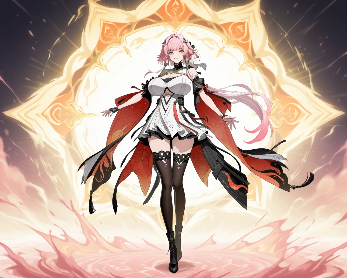 1 girl, solo, Koyori, tattered and torn white robe, intricate white lab coat, torn black stockings, pink hair with black tips, side braids, long let down hair with black tips, red and green eyes, heterochromia, serious expression, alien-like laboratory in background