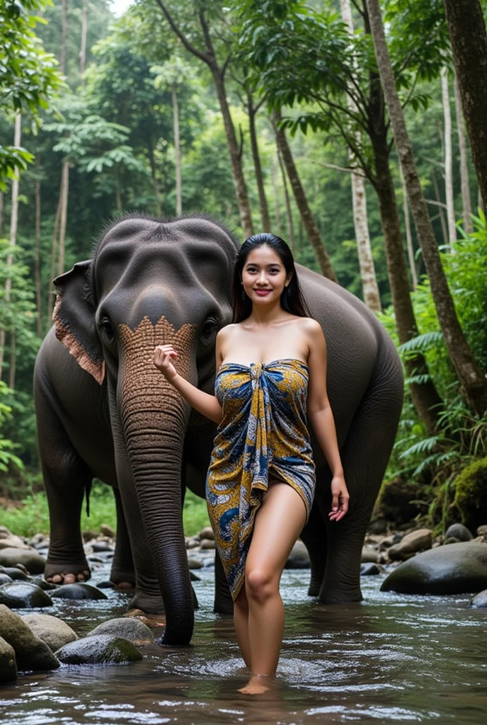 (best quality, ultra-detailed, realistic:1.37), professional, beautiful detailed eyes, beautiful detailed lips, detailed facial features, natural skin tones, perfect skin texture, delicate facial expressions, image in high resolution, realistic face, realistic skin, plain face, natural smile, highly detailed hair, (Sirinapa), 18yo, (a beautiful Thai college girl), experiences the wonders of a Thai elephant sanctuary. Dressed in comfortable clothing, she interacts with elephants, learns about their conservation, and participates in activities that promote their well-being. The high-resolution image captures ultra-detailed realism, highlighting Sirinapa's captivating eyes, long eyelashes, and smooth complexion. The natural beauty of the sanctuary, with its lush greenery and gentle giants, adds to the magical and heartwarming atmosphere, creating a visually stunning representation of Thai wildlife and compassion.