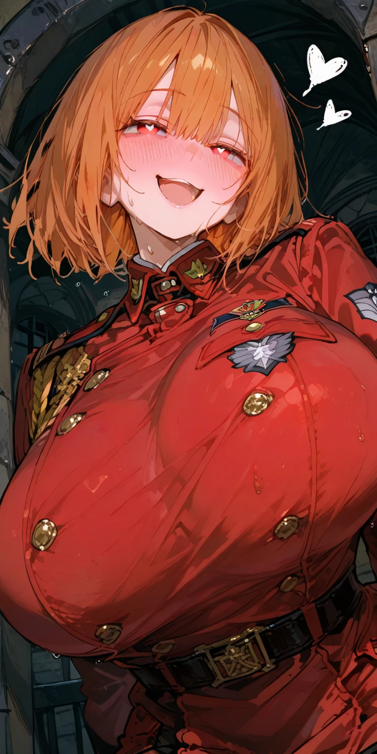 (masterpiece, 8k, 4k, extremely detailed, best quality, absurdres:1.4) nice hands, perfect hands, 1girl, mature, milf, (huge tits:1.3),<lora:more_details:1> <lora:alucardserasintegra:0.8> (serasVictoria:1.5), hair over one eye, smile, sharp teeth, short hair, blonde hair, glowing red eyes, huge breasts, yellow uniform, military uniform, yellow skirt, red gloves, belt, (black thighhighs:1.1), torn thighhighs, night sky, outdoors, covered in blood, crazed, vampire, bloody