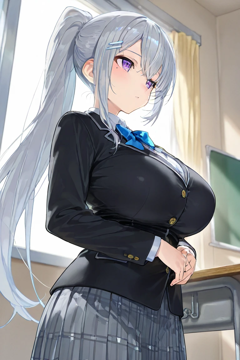 Slim body, school uniform, dress silky skin,Full body pictures, White hair,blue Eye,Ponytail, 1 girl, 25 years old,Young women,beautiful Finger,beautiful long legs,beautiful body,beautiful Nose,beautiful character design, perfect Eye, perfect Face,expressive Eye,perfect balance, Looking at the audience,(Focus on her Face),Housing, (Innocent_Big goals_Eye:1.0),Light_Smile, Official Art,Very detailed CG unity 8k wallpaper, Perfect lighting,rich and Farbeful, bright_front_Face_Lighting,Light skin, (masterpiece:1.0),(the best_quality:1.0), Ultra-high resolution,4K,Very detailed, photography, 8K, Human Development Report, high resolution, absurdes:1.2, Kodak Portrait 400, Film Grain, Blurred background, bokeh:1.2, Lens Light Halo, (Full of energy_Farbe:1.2),Professional photographer, (beautiful,Chest), (beautiful_Face:1.5),(narrow_waist),Smile, Happy