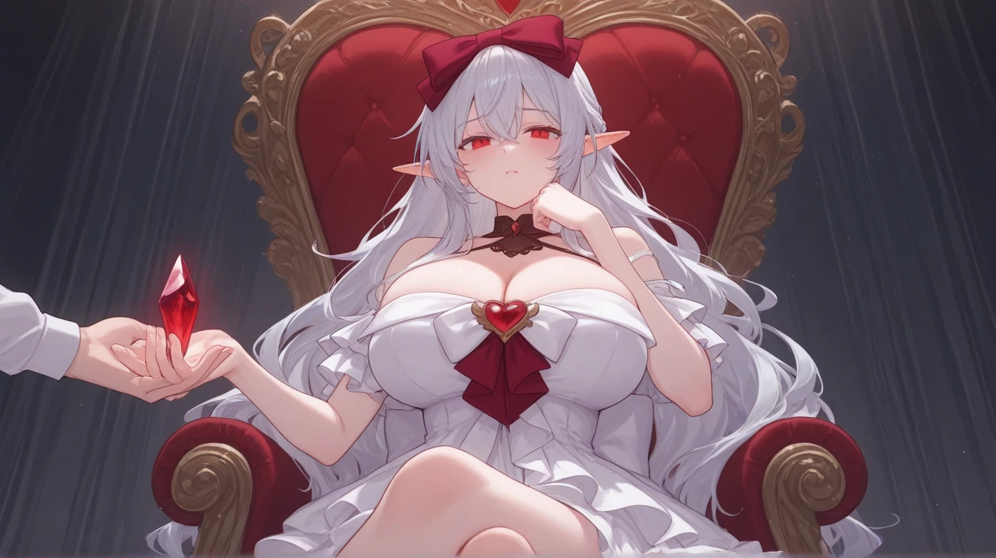 The most beautiful queen in the world is 300 years old but she looks young like a 19-year-old queen, long white hair, beautiful white skin, white eyes, her breasts are huge with a dress, she is beautiful and very open with a kind but false look sitting on her throne. of the castle at night.hentai