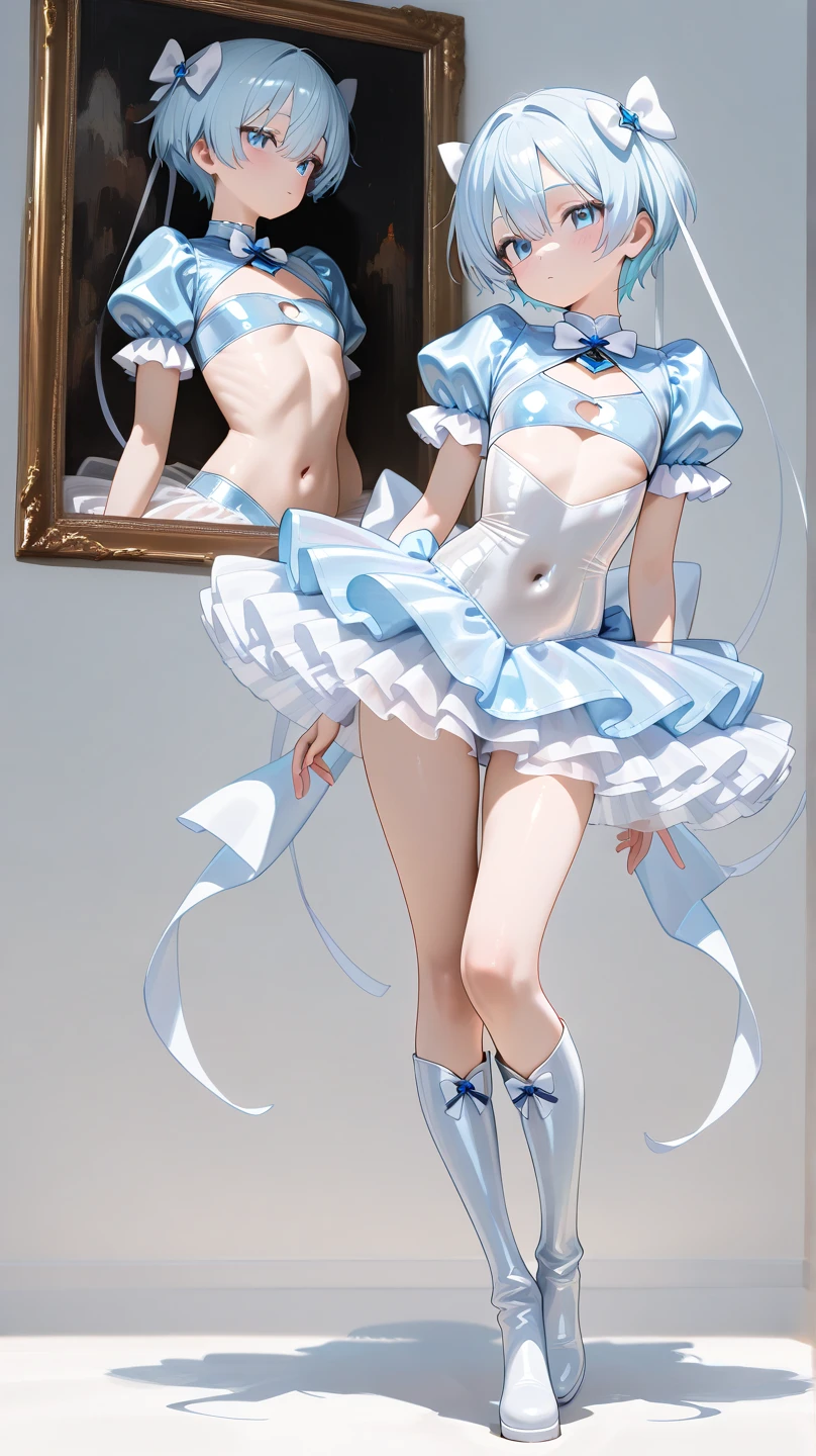 10 year old girl underwear, Aqua I、Realistic bloomers made from patterned cotton fabric, Maid outfit with panniers, Fabric Realism, Low - Angle, I see bloomers, Pull up the dress by hand, Strong winds, Translucent slip, Translucent slip, tights, Highest quality,  whole body、
