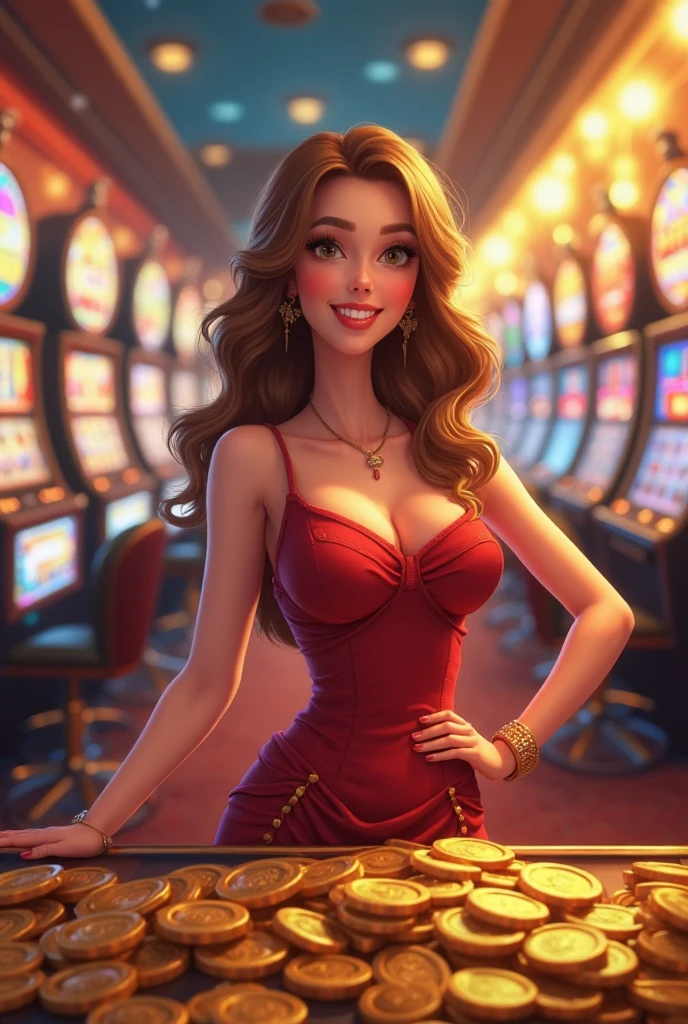 beautiful detailed girl playing slot machines at a luxurious casino in Las Vegas, elegant dress, joyful expression, casino interior with bright lights and rich decor, photorealistic, 8k, masterpiece, (best quality:1.2),(realistic:1.37),ultra-detailed, vivid colors, dramatic lighting, cinematic composition