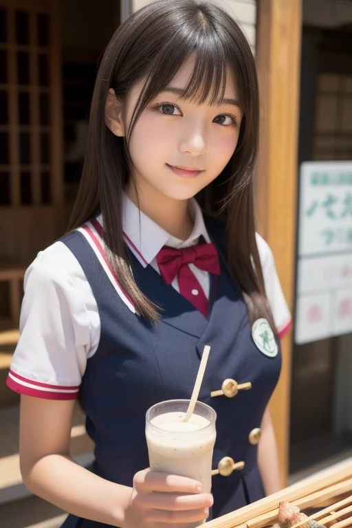 (masterpiece, best quality:1.2), 1girl, woman, 26 years old、 cute、(cuteメイド服を着ている), (gingham check maid outfit:1.5)) Idol style、smile、(おしゃれでcute喫茶店内:1.4)、whole body、(I brought juice on a tray.;1.4)