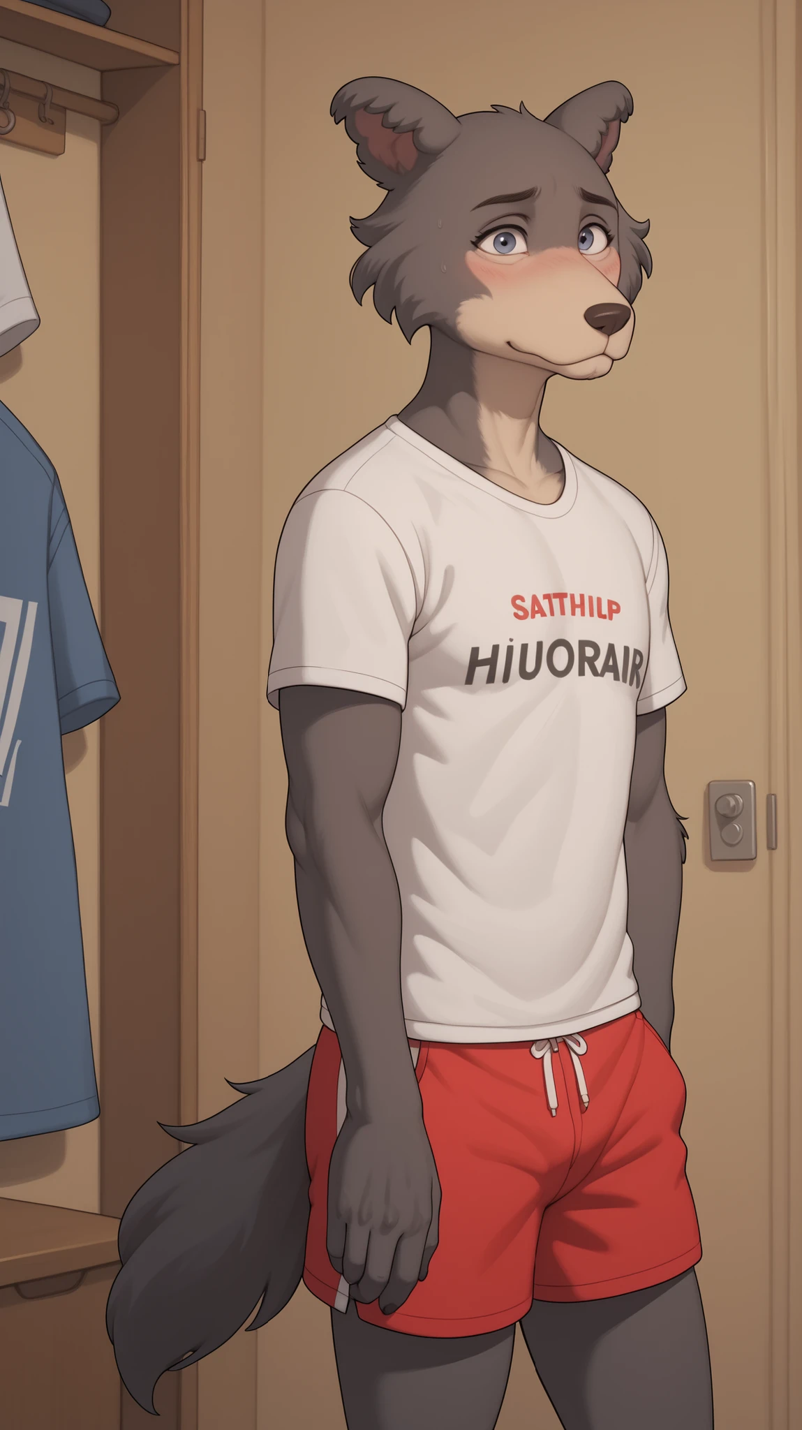 correct anatomy, dressing room , in front of the viewer, Anthropomorphic boy wolf, grey fur, t-shirt, shorts, is shy, shame, blushes