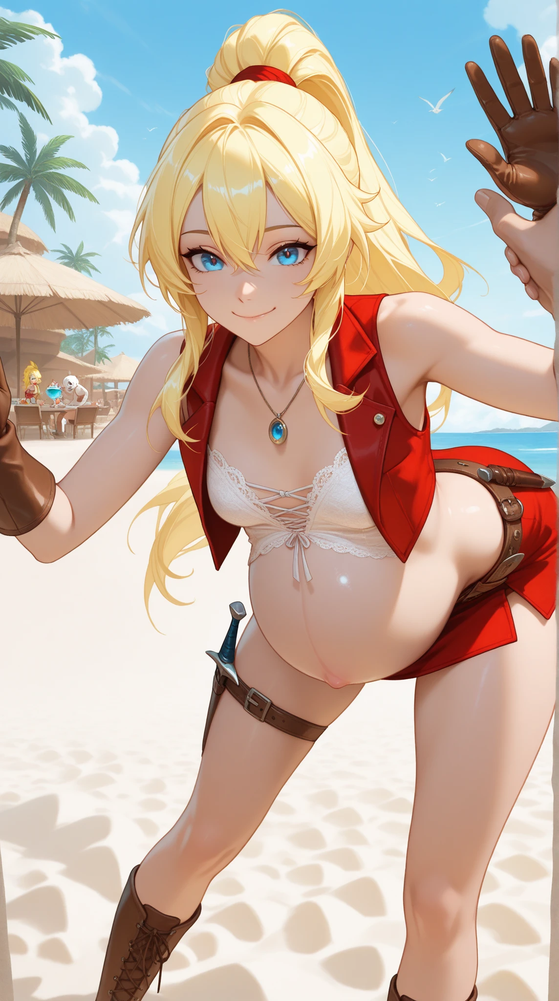 (masterpiece, best quality, ultra detailed, beautiful illustration), atmospheric perspective, depth of field, beautiful detailed eyes, anime eyes:1.4, looking at the viewer, (cowboy shot), sexy pose, dynamic angle, (outdoors, sea, partially submerged, sunset), 1girl, :d, (huge breasts), <lora:FinalFantasy_FemaleTimeMage:0.9>, TimeMageFFT, blonde hair, long hair, sidelocks, hat, <lora:micro_slingshot_v1:1> slingshot swimsuit, purple one-piece swimsuit,