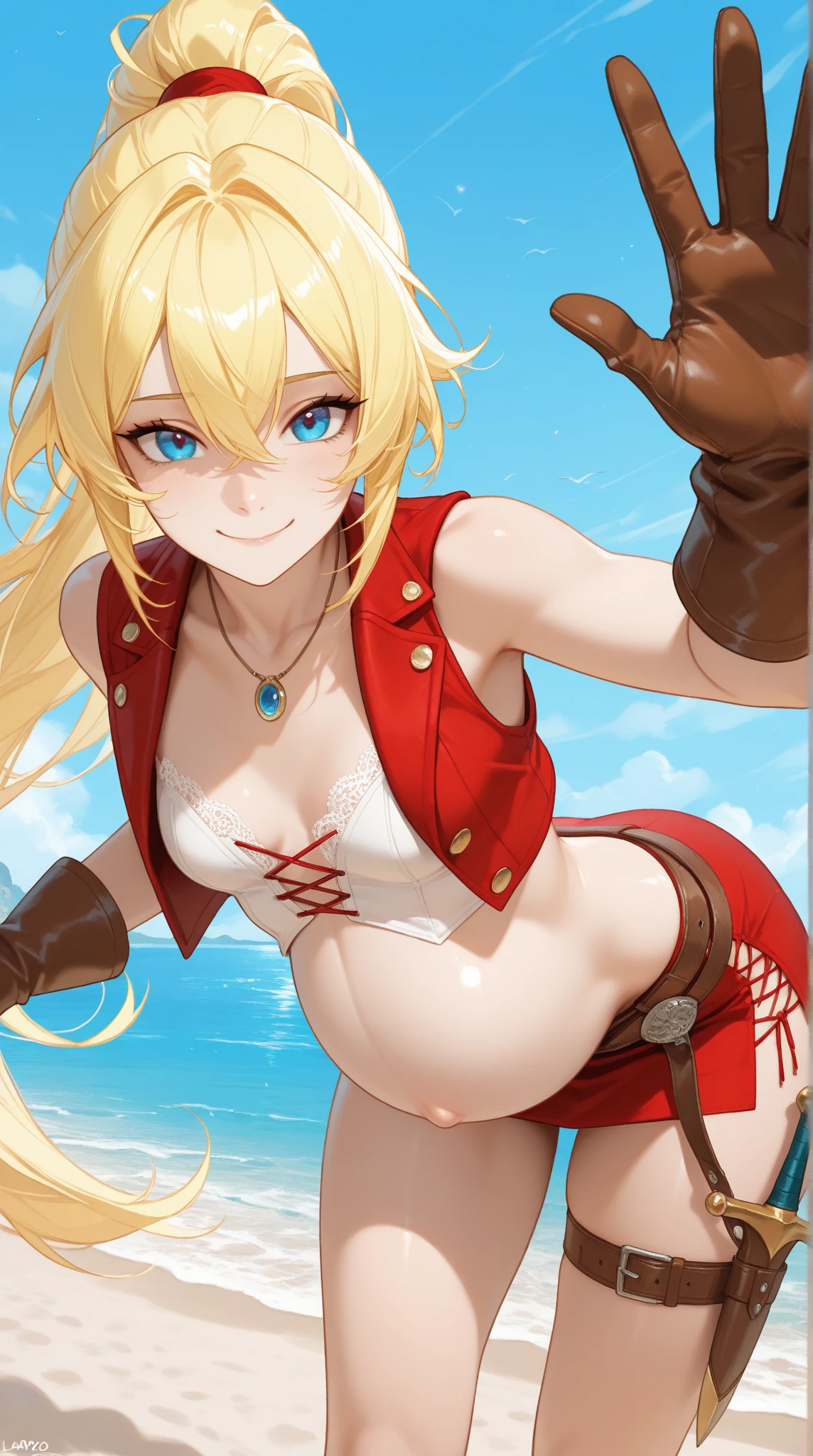 masterpiece, best quality, highres , 1girl, Serena , large breasts, blonde hair, epaulettes, cape, crop top, side slit, cowboy shot, stading, outdoors, smile,