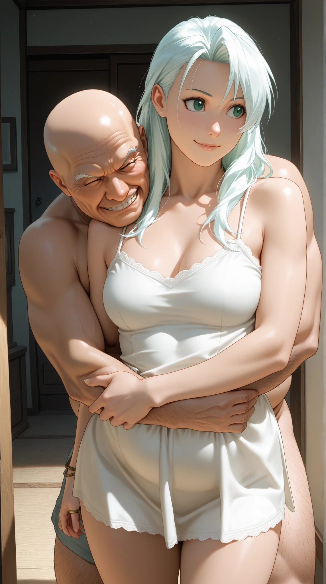 nsfw,{Perfect Anatomy},((Beautiful Face:1.5)), (((One Old Man and One Woman,Have sex:1.5),Hug me from behind,Grab your chest:1.2)),(NUDE),(One black man and one black woman,Have sex:1.5),Raise one leg,(standingsplit sex pose),Hug from behind,Show off your breasts,(Grab your chest:1.5),(masterpiece, Highest quality, shape, Subtle details, 8k:1.3), (Studio Light, Best Shadow, Picturesque, Style Adder), alone, 1 girl, Raise one leg,Standing on one leg,Yura Summer, smile, Looking at the audience, Place your arms behind your back, ponytail, Hair Ribbon, ((NUDE)), Beach 