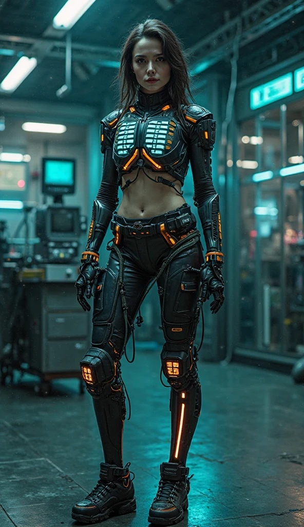 A person with mechanized body parts in the cyberpunk style stands out. Her transparent skin reveals circuits and cables, while her eyes glow with colored LEDs. The limbs are a mixture of flesh and metal, with advanced prosthetics and cybernetic interfaces. Wearing a black leather jacket, the figure is set in a dystopian urban setting with decaying skyscrapers. The image represents the fusion between the human and the mechanical in the futuristic world of cyberpunk