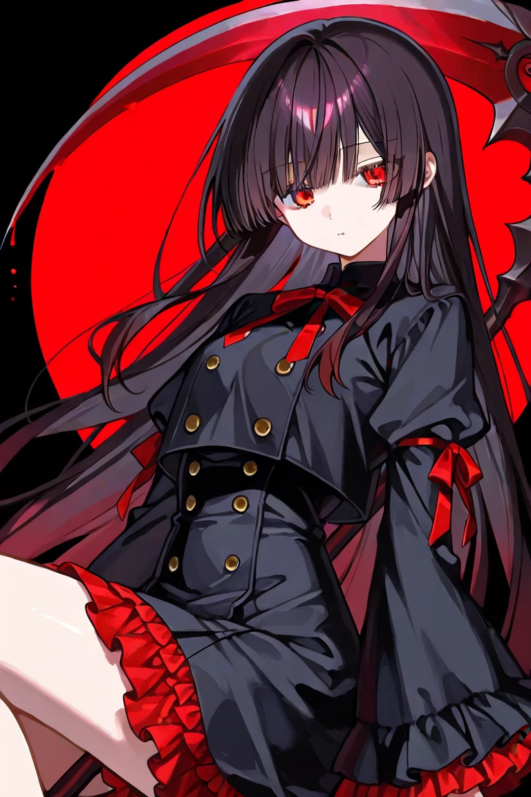 One girl，She has long black hair and red eyes.，Wearing black stockings and a black skir a vampire，Lying on the devil&#39;s bed