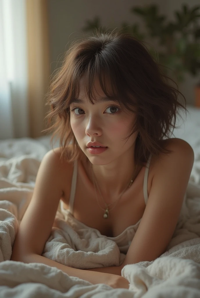 Short haired girl with curly hair and perfect skin with huge tits lying on her knees with an awkward expression