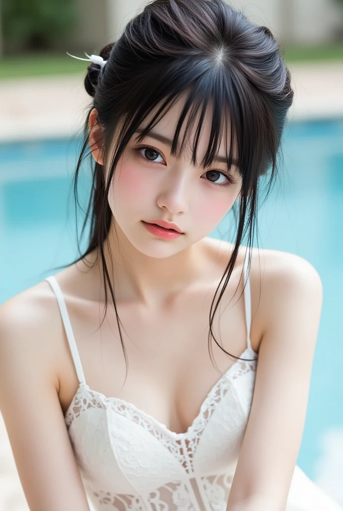 One Girl,(1人のとてもcute女の子:1.3),masterpiece,Highest quality,High resolution,Photorealistic,RAW Photos,Ray Tracing,beautiful girl,(15 years old:1.3),cute,Big eyes,(detailed pupils:1.2),(The face is facing straight ahead:1.3),Body facing forward,Beautiful nose,Fuller lips,Short black hair,ponytail,short hair,Detailed eyelashes,Thin eyebrows,Very fine grain definition,(Symmetrical eyes:1.3),(Face close-up,Face Focus:1.0),Small breasts,White swimsuit,White Bikini,The background is the sea,Southern Island,Portrait,View Viewer,Upper Body,Cinema Lighting,High resolution,Very detailed