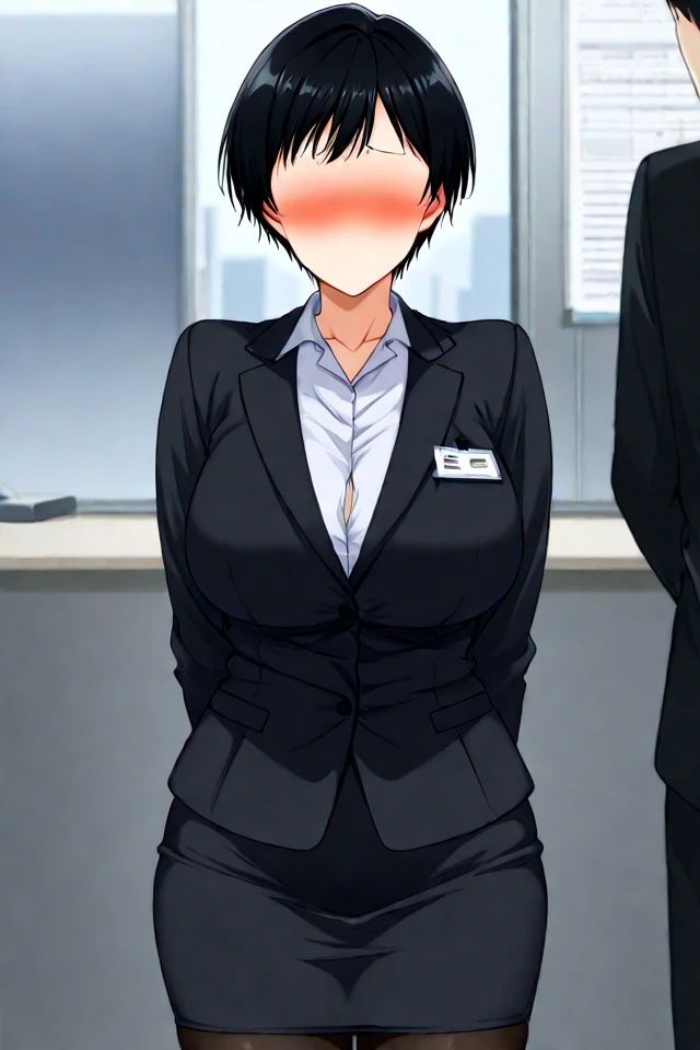 ((highest quality, 8K, masterpiece, portrait: 1.3)), (looking at the viewer), (full shot:0.85), attractive business mature woman, 1 person, a little chubby:0.35, white collared shirt, gray skirt,((big breasts 1.6)) (big pelvis:0.3), (officeの机にあぐらをかいて座っている)), smile:0.2, president&#39;office,good posture、