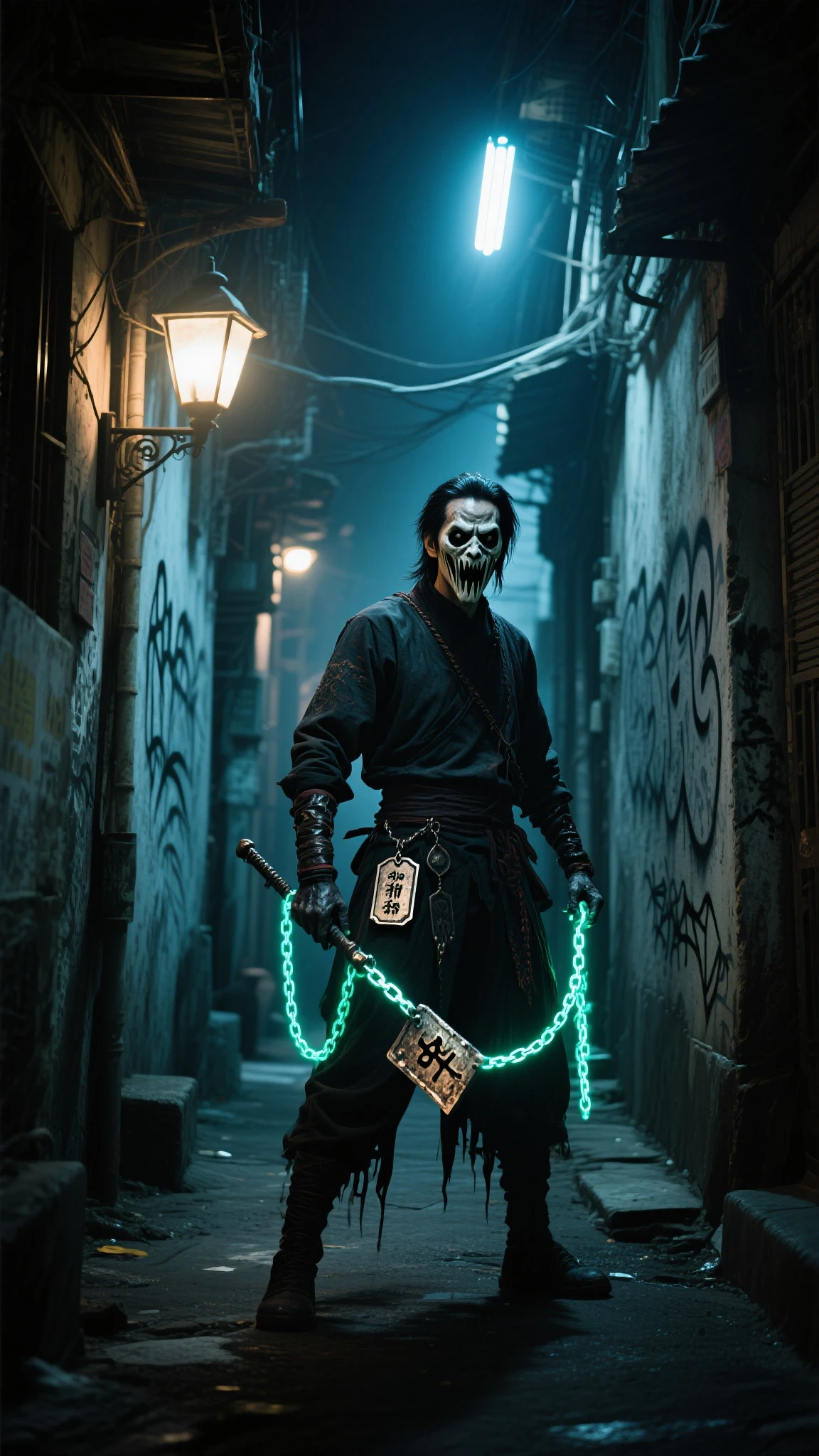 Make a samurai ninja walking down a neon-lit alley while he has his hand in his pocket and an oni mask in his mouth, he has a very large katana on his back with a neon dragon-shaped mask, make him walk backwards with the camera angle from bottom to top and the giant katana on his back with a dragon shape with a yellow neon