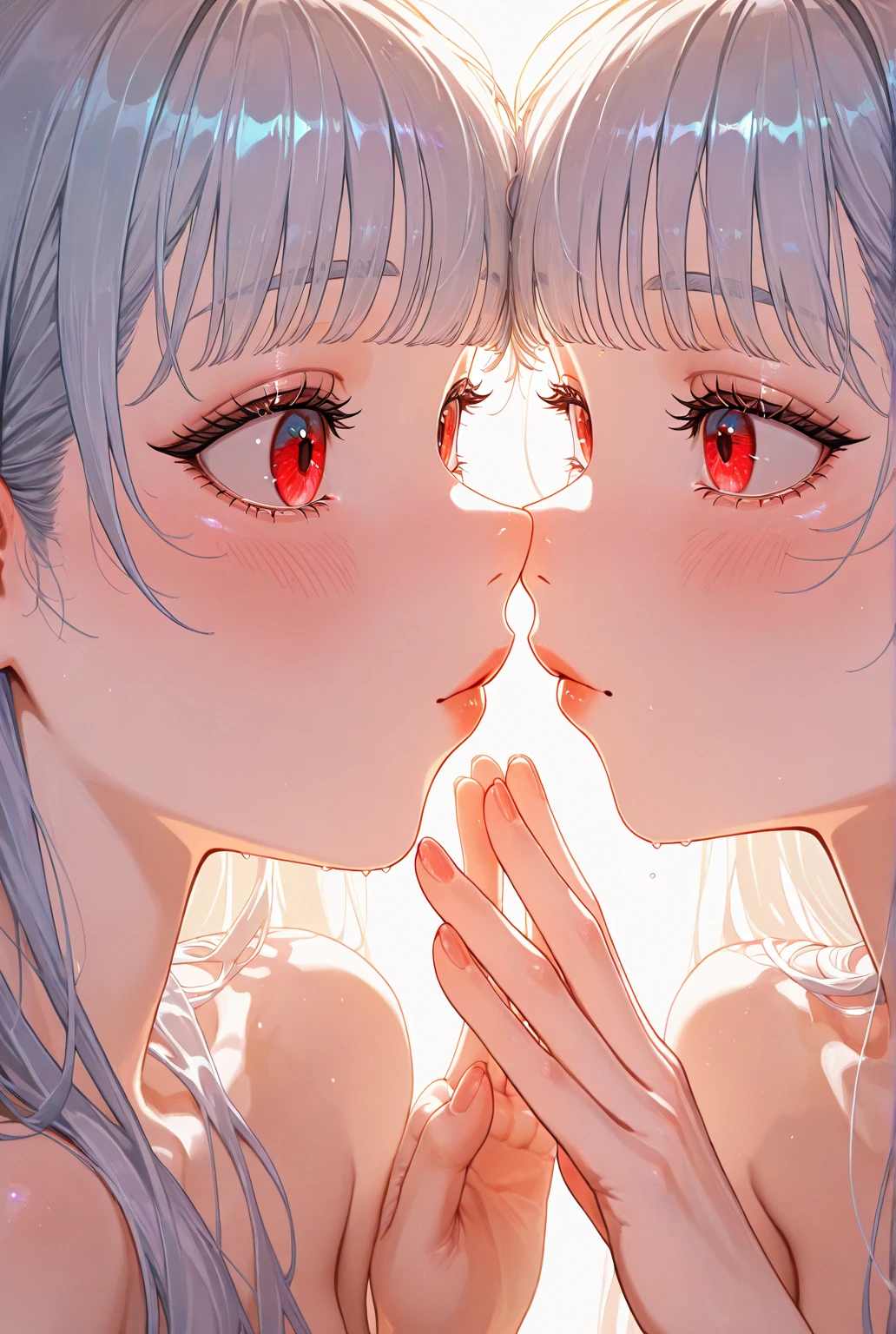 Masterpiece ,Top image quality,hight resolution,imagem 4k,Raw photo,Photorealsitic,extremely beautiful 2 hi-school girl kissing each other, friends, one of girl putting in glasses, naughty face, blushing , extremely beautiful lesbian kiss, to stare each other closely, gaping mouth, Tongue out, drooling white cum, white high Sox, white garter belt, school shirts, perfect small breasts, topless, See-through panties and white lace ruffles:1.5, red cheek, deep blue eyes color , top less , colorful hair, slightly laughing , top less