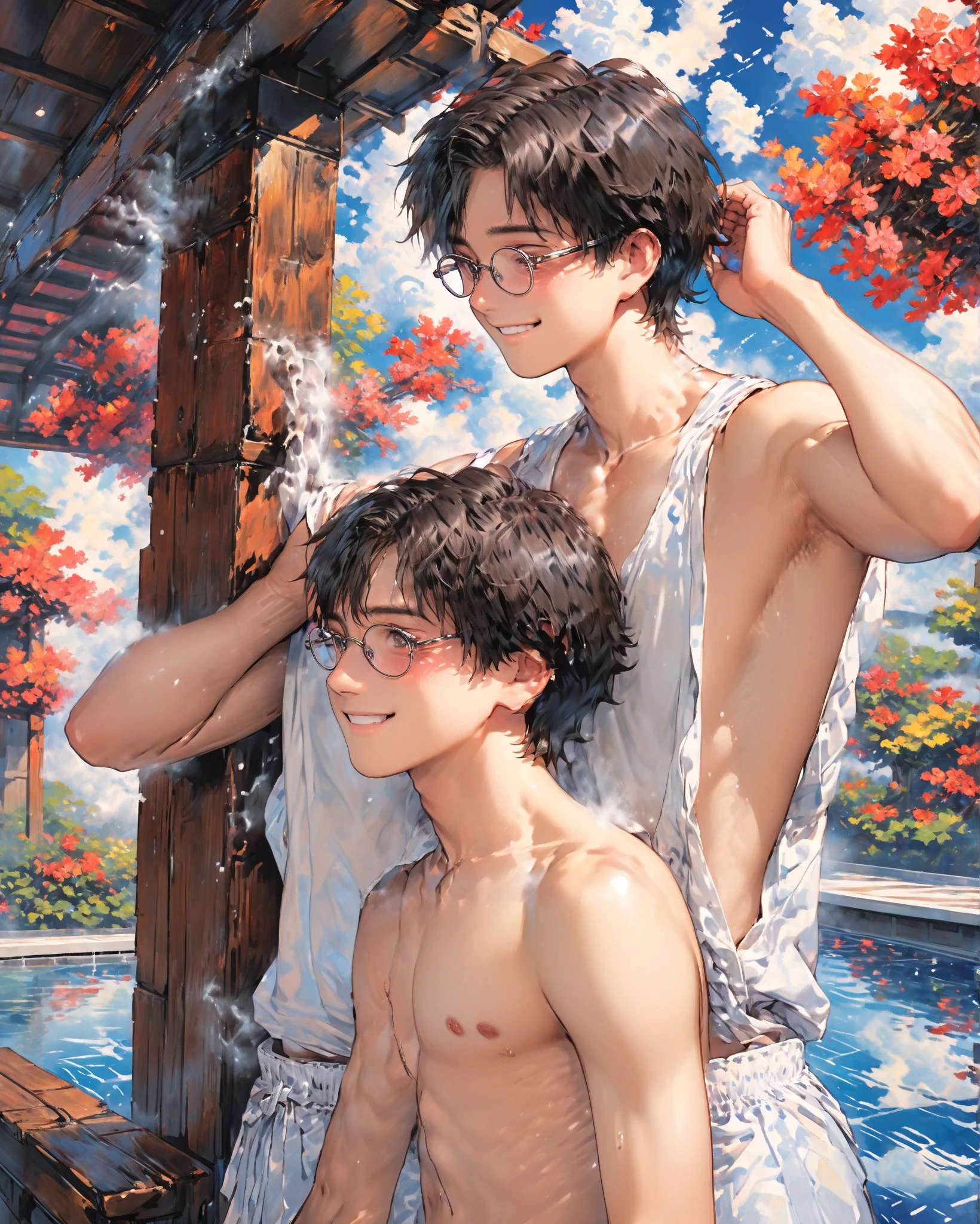 masterpiece,best quality,high quality,extremely detailed,(2male austere handsome two adult age 30 years old:1.5),(purple eyes, cool with suspended eyes), body strong and fearless 8.5 head tall and 185cm tall,(well-groomed black hair short hair to neck:1.4), (bangs parted in thirds:1.4), (pectoral and rectus abdominis muscles:1.3), slender nose, facial muscles, (boxer saltwater pants: 1.3), (hugging: 1.3), (scowling: 1.3), (bathing and wet: 1.3), (stylish pose), (background summer river, waterfall and forest: 1.3), (Milky Way Night Sky: 1.3)