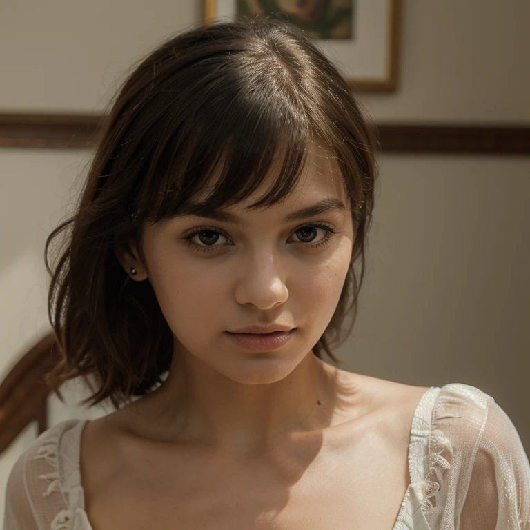 Mejor calidad, detalles, hiperrealista, adolescente, shy, triste, ojos azules grandes, small nose, palidez, short brown hair straight bangs, White nightgown, room