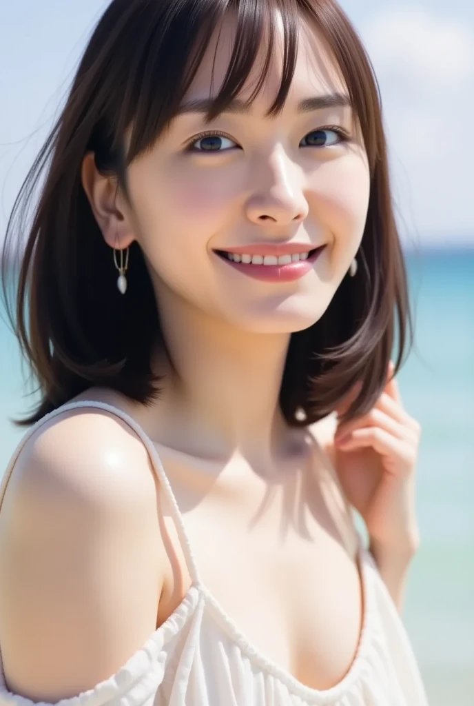 Real、Women's 1、Angle from below、clear、I have bangs.、Age 25、Mature、Medium Breast、sex appeal、Glowing Skin、Nipples、((Highest quality, In 8K, masterpiece:1.3)), smile、Floral swimsuit、bikini、Beach、Ocean、Brown haired、(Blunt bangs:1.2)、、Maintain the original face proportions、Broad shoulders、Brown haired、Floating Hair、Lips、lipstick、誘惑的なsmile、Perm Hair、Floating Hair、Bright sunshine,Refreshing sky