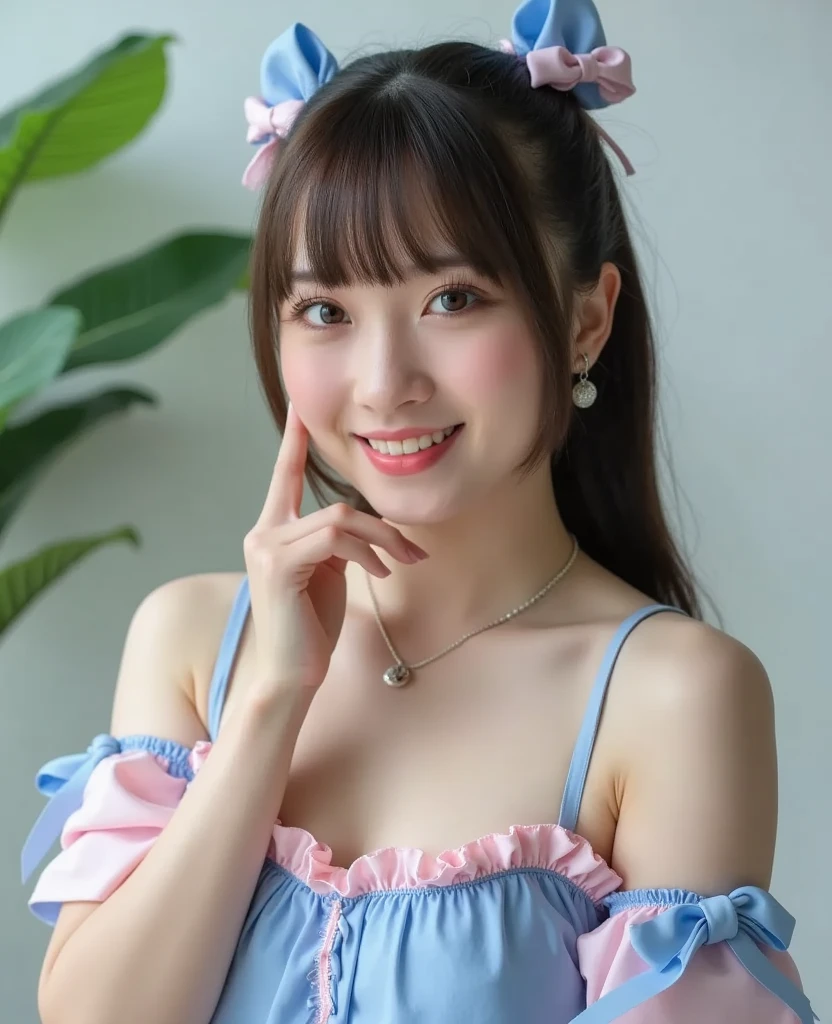 one person、14 years old、Full body photo、slender、woman、White drool coming out of the mouth、smile、Natural Shorthair、 Fair skin, messy hair, super cute、Soft and Face、8K resolution、Surreal、Ultra high definition、 A-cup small breasts((Highest resolution、8k、masterpiece:1.3))、Ultra-fine face、Ultra Fine Lips、Beautiful Eyes、double eyelid,Light blue wall、Blue and green checked bandeau dress:1.1、Thighs、thin,Thighs are visible、Shapely small breasts、Sitting in a chair、
