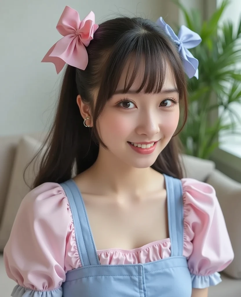 (masterpiece, best quality:1.4), (Realstic, photorealestic:1.37), from the front, (((POV))), bokeh, shallow depth of field, Japanese idol, high school student, big tits, brown Shortcut Hair, twintails, big laugh,cute clothes,(((looking at viewer)))