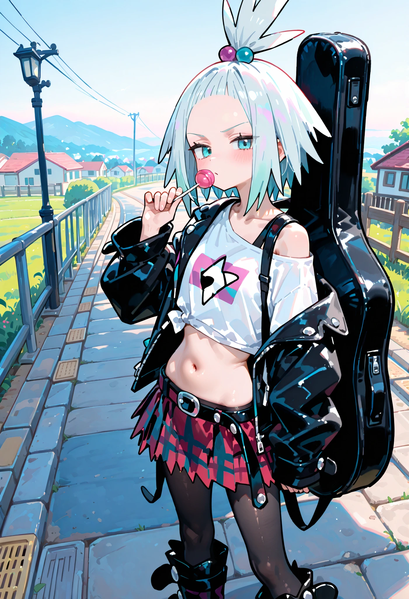 Best quality, masterpiece, ultra high res, (teenage skategirl milf with a love for skateboarding and punk music. She has long, messy hair that covers one of her eyes, giving her a mysterious and edgy look. Riley is always sporting a bandage on her knee from her skateboarding mishaps, but she doesn't let it slow her down.
She typically wears a tank top that shows off her toned arms and tattoos, paired with ripped jeans and combat boots. Riley's style is a mix of grunge and punk, with lots of leather accessories and bold graphic tees.