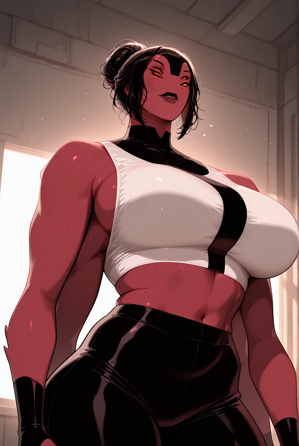 evil girl thick thick thick thick massive breasts huge muscles dark energy black hair yellow eyes pale skin