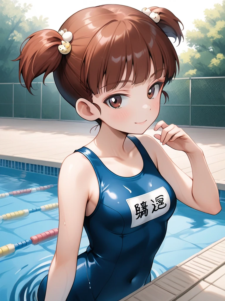 score_9, score_8_up, score_7_up, source_anime, ochaco uraraka, my hero academia, , breasts , school swimsuit, erect nipples, , tight clothes, camel toe, upper body, wet clothes, see through, nametag, poolside, smile, dissolving clothes