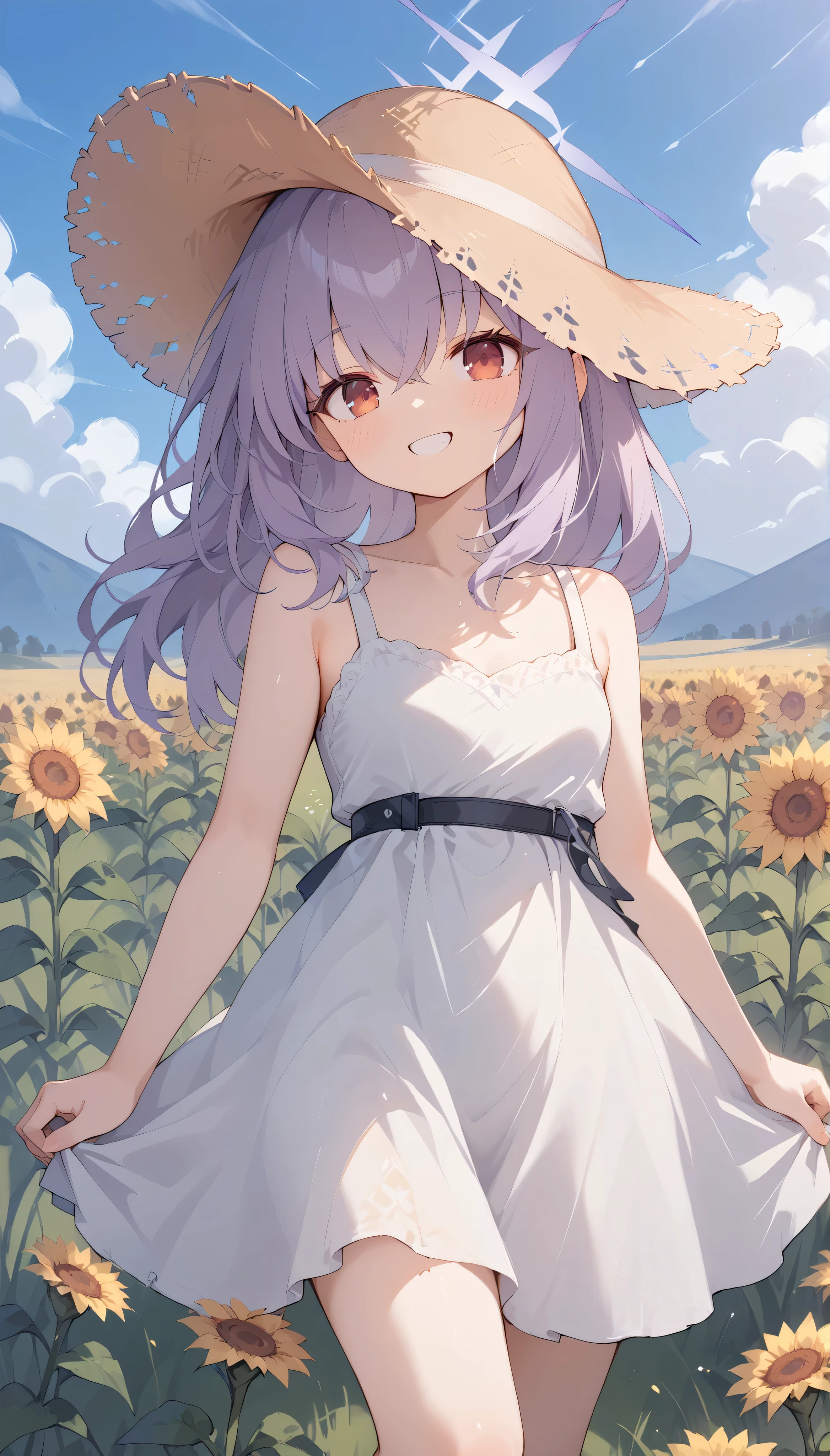 atsuko (blue archive),red eyes,purple hair,(straight hair:1.2),long hair,halo,　solo, I can see my eyebrows from the inside of my hair, hair between eyes,　 is embarrassing, masterpiece, Best Quality, very aesthetic, thick thighs, Wide pelvis, sleeveless white dress,　straw hat, outdoor, grassland, smile,　sunflower field,　bare arms,