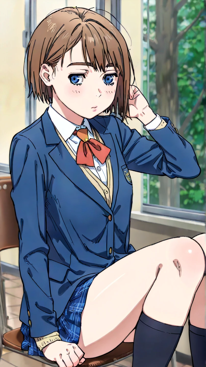 (masterpiece, best quality, detailed), 1girl, solo, ny1, looking looking at viewer, expressionless,
ny1, , blue sailor collar, serafuku, blue skirt, long sleeves, brown cardigan, open cardigan, indoors, classroom, school desk, window, school chair, curtains, sitting, spread legs, panties, wet legs 