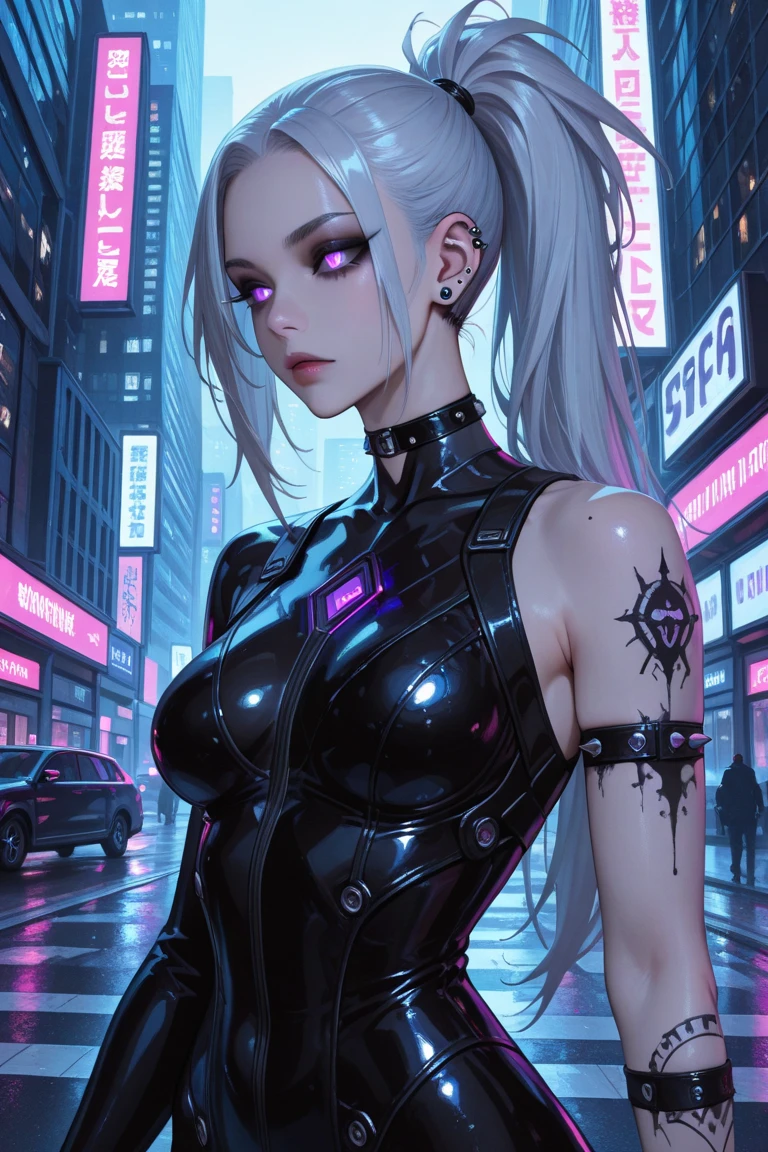 (sexy, silvered haired hair dragongirl:1.1), (cyberpunk, futuristic) girl with striking silver hair in a sleek and edgy cyberpunk world, (detailed, expressive) eyes glowing with a mysterious allure and (lips:1.1) painted in a vibrant shade of red, (reflected in neon-lit streets) as she confidently struts her way through the futuristic cityscape. She wears a (form-fitting black leather) outfit with (luminescent circuit patterns) that accentuate her sleek and powerful figure. Her hair flows in a wild and untamed manner, reminiscent of fiery dragon scales. The (urban setting:1.1) is filled with towering skyscrapers adorned with holographic billboards and (futuristic vehicles) zooming past, emitting trails of vibrant lights. The city is bathed in a mixture of (deep blue and purple hues), adding a sense of mystery and allure to the scene. (Best quality, 4k, highres:1.2), with (ultra-detailed:1.1) attention to every aspect, capturing the intricate details of the cybernetic enhancements on the girl's body, the reflection of lights on her metallic outfit, and the gritty texture of the urban environment. The scene is illuminated by a combination of (harsh neon lights) and (subtle moonlight), creating a play of shadows and highlights that enhance the cyberpunk atmosphere.