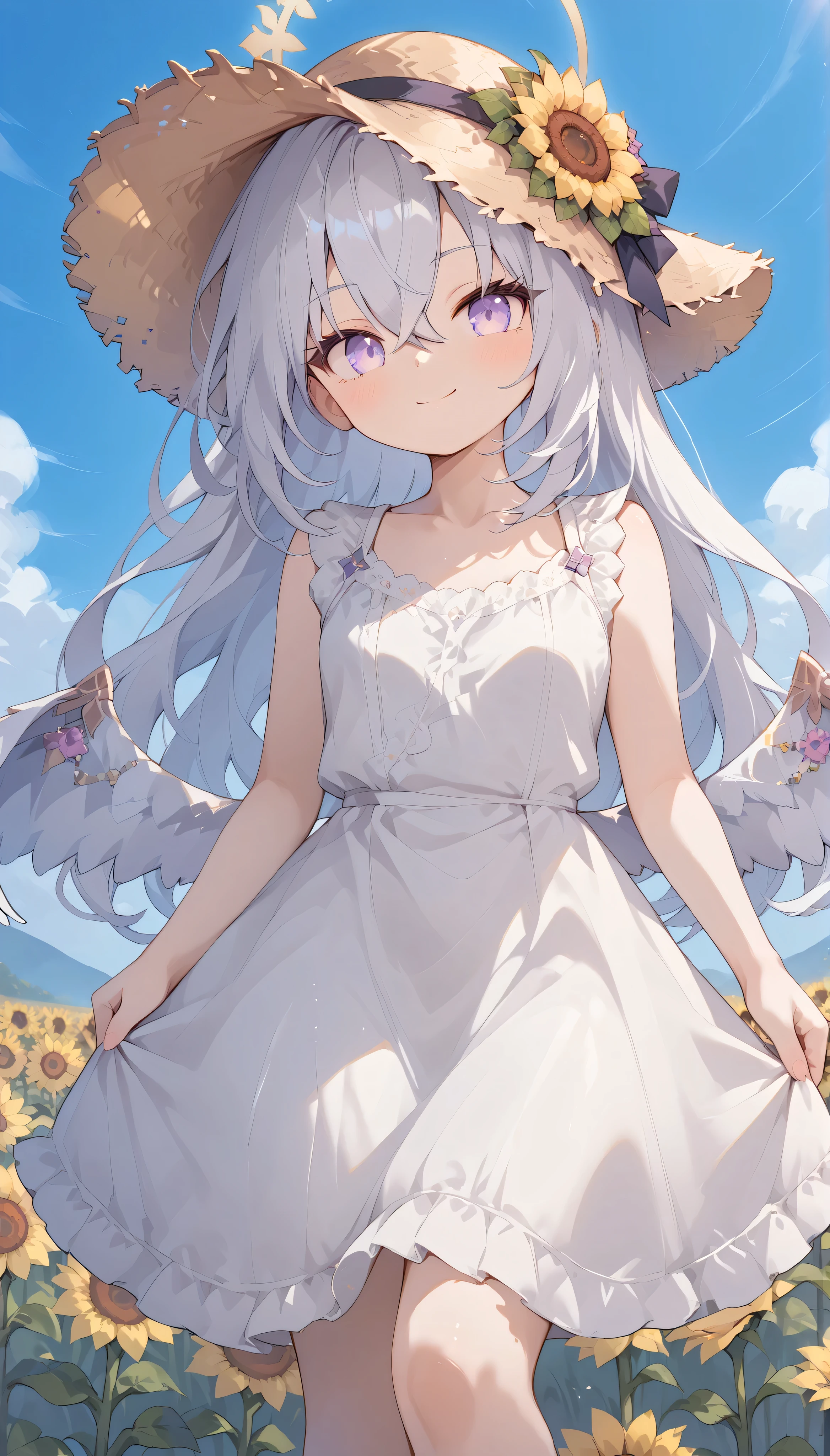 azusa (blue archive),purple eyes,white hair,long hair,wings,hair flower,halo, solo, I can see my eyebrows from the inside of my hair, hair between eyes, is embarrassing, masterpiece, Best Quality, very aesthetic, thick thighs, Wide pelvis, sleeveless white dress, straw hat, outdoor, grassland, smile, sunflower field, closed mouth,