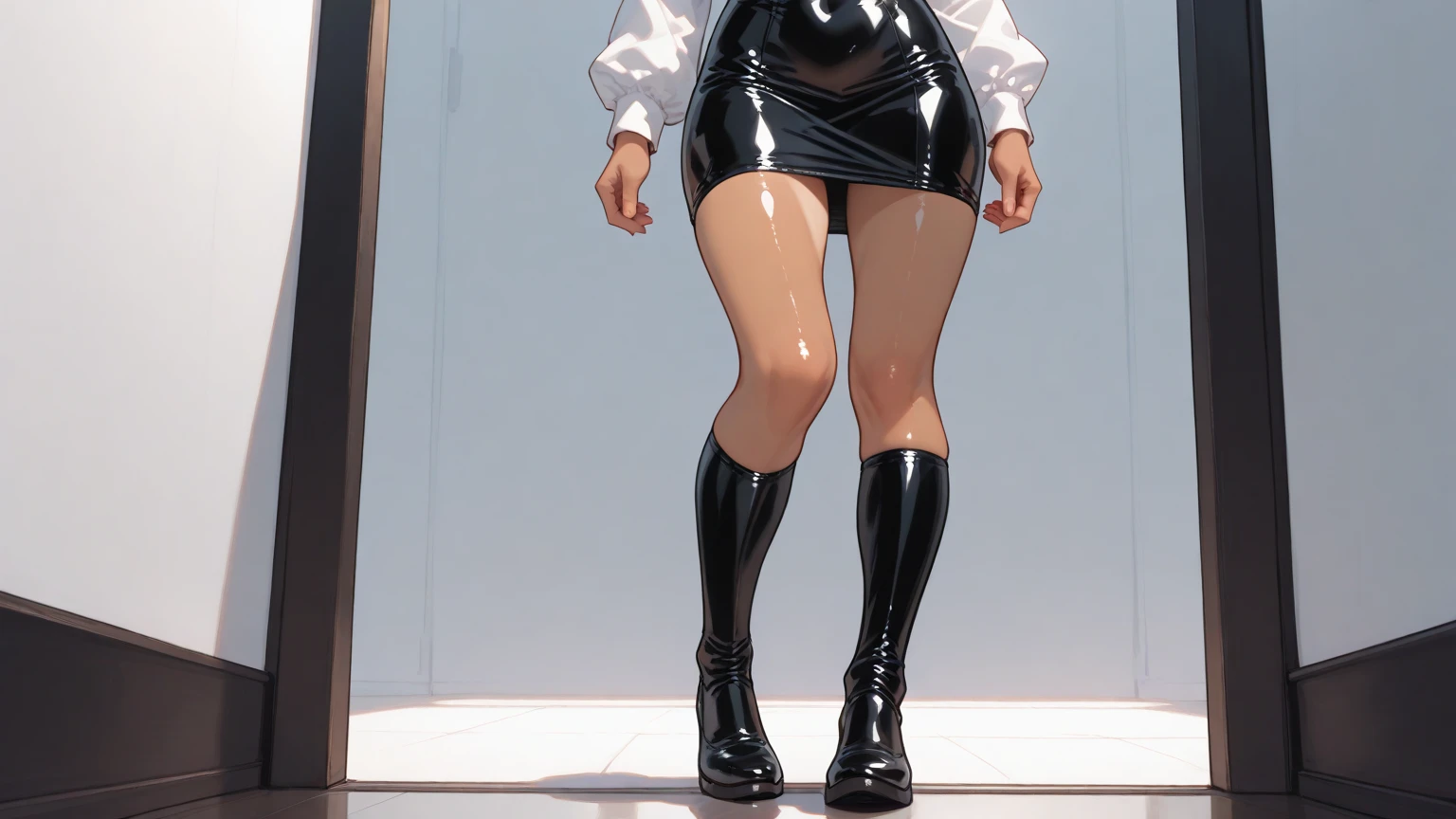 High Quality,legs belts, standing, school uniform, SadeAbyss,1girl, solo, long silver hair, blunt bangs, latex stocking, , closed mouth,(masterpiece:1.4),(best quality:1.4), <lora:SadeAbyss_V2.8.1:1> , detailed eyes, covered nipples, red platform heels, simple background, , full body,