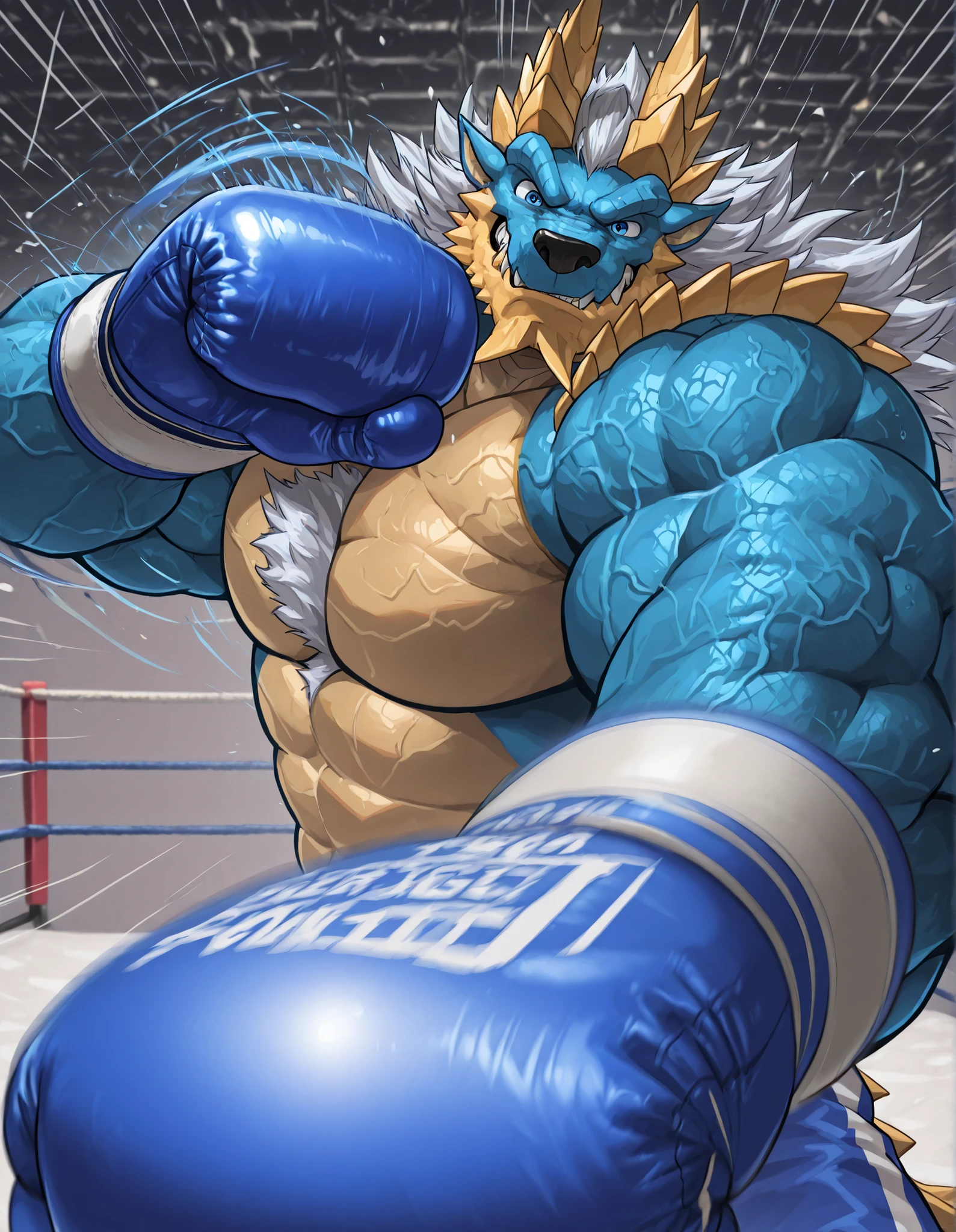 high quality, b0xingp0v, mercilessly punching_the_viewer, foreshortening, motion blur, blue boxing gloves, blue boxing shorts, depth of field, extreme perspective, extreme closeup, closeup, action shot, boxing, dynamic punching pose, motion lines, impact lines, mercilessly punching the viewer, cropped head, boxing ring background, braker zinogre heavy wait boxing champion, furry male, heavy muscular, veiny muscles, looking at viewer, ruthless smile, bedroom eyes, smug, bara, large pectorals, lowangleview-3000
