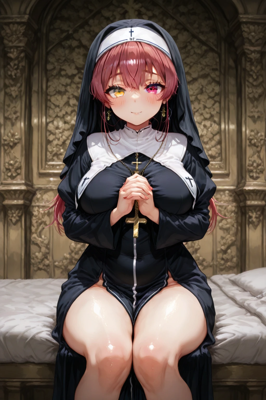houshou marine,1girl,solo,Only the right eye is yellow,long hair,Females in heat,blush,gigantic huge breasts,nun costumes,looking at viewer,Taken from the viewpoint above,upturned eyes,near,standing up,spacious pink sex hotel,in bed