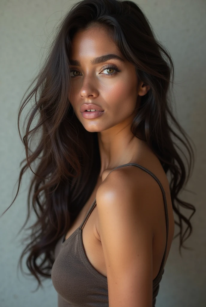 Beautiful girl with wavy long hair, with a big Black cok