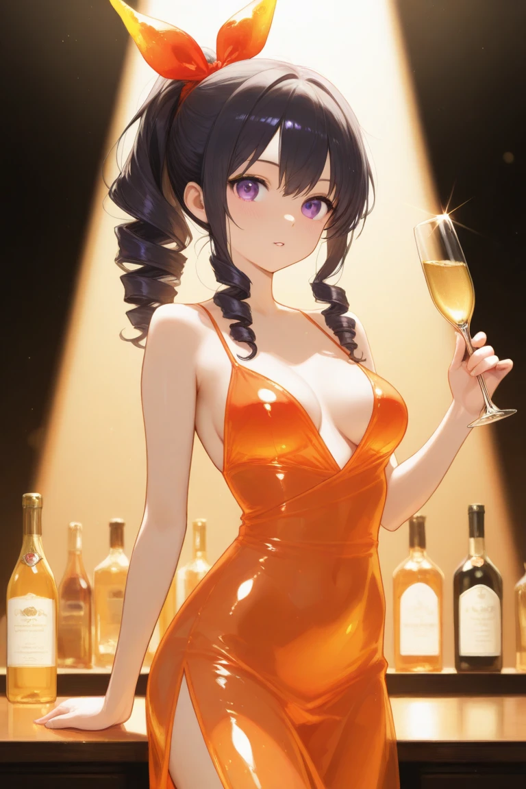 Nsfw, (((masterpiece)))、(((Highest quality)))、((Ultra high definition))、(Highly detailed CG illustrations)、((Very delicate and beautiful))、(Delicate and pretty face), solo, nishino flower \(umamusume\),horse girl,horse ears,horse tail,short hair, flat chest, looking at viewer，purple eyes, corruption, empty eyes, half-closed eyes, evil smile,crazy smile,  blush, pubic tattoo ,(shiny clothes,Yellow Dress,revealing dress,revealing clothes),(A dress with a wide open chest，Dress with side breasts visible，deep side slit）， night,club,indoor, table, scenery