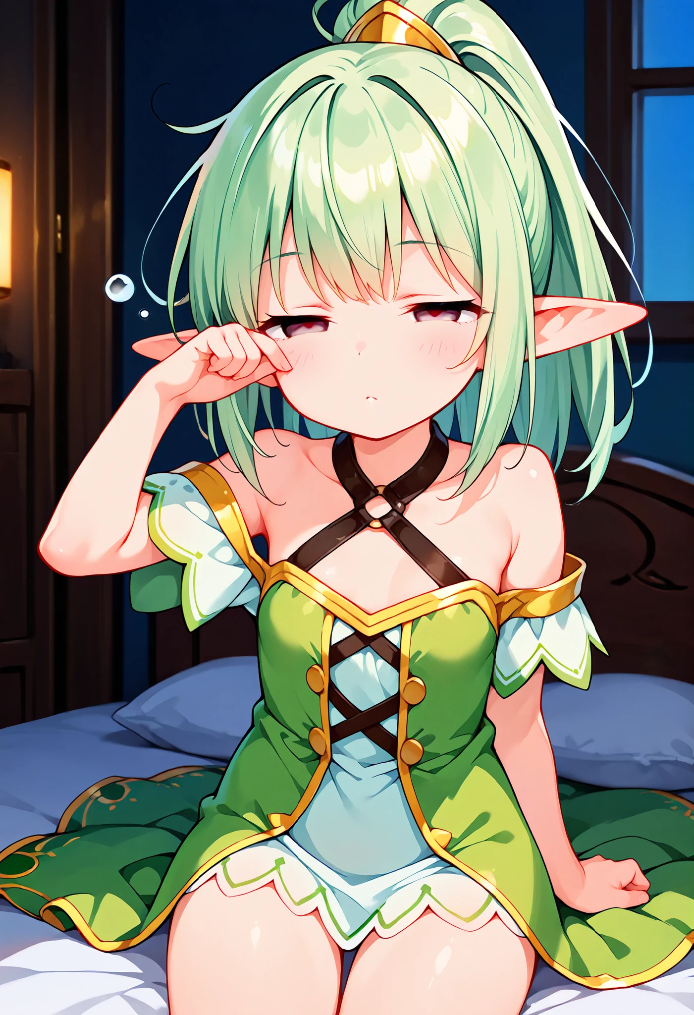 Pointed Ears, Green Hair, Green Eyes, short hair, short hair with long locks, , Live Stage, Browsing Caution. Large Breasts. naked. crying ,solo, nipple