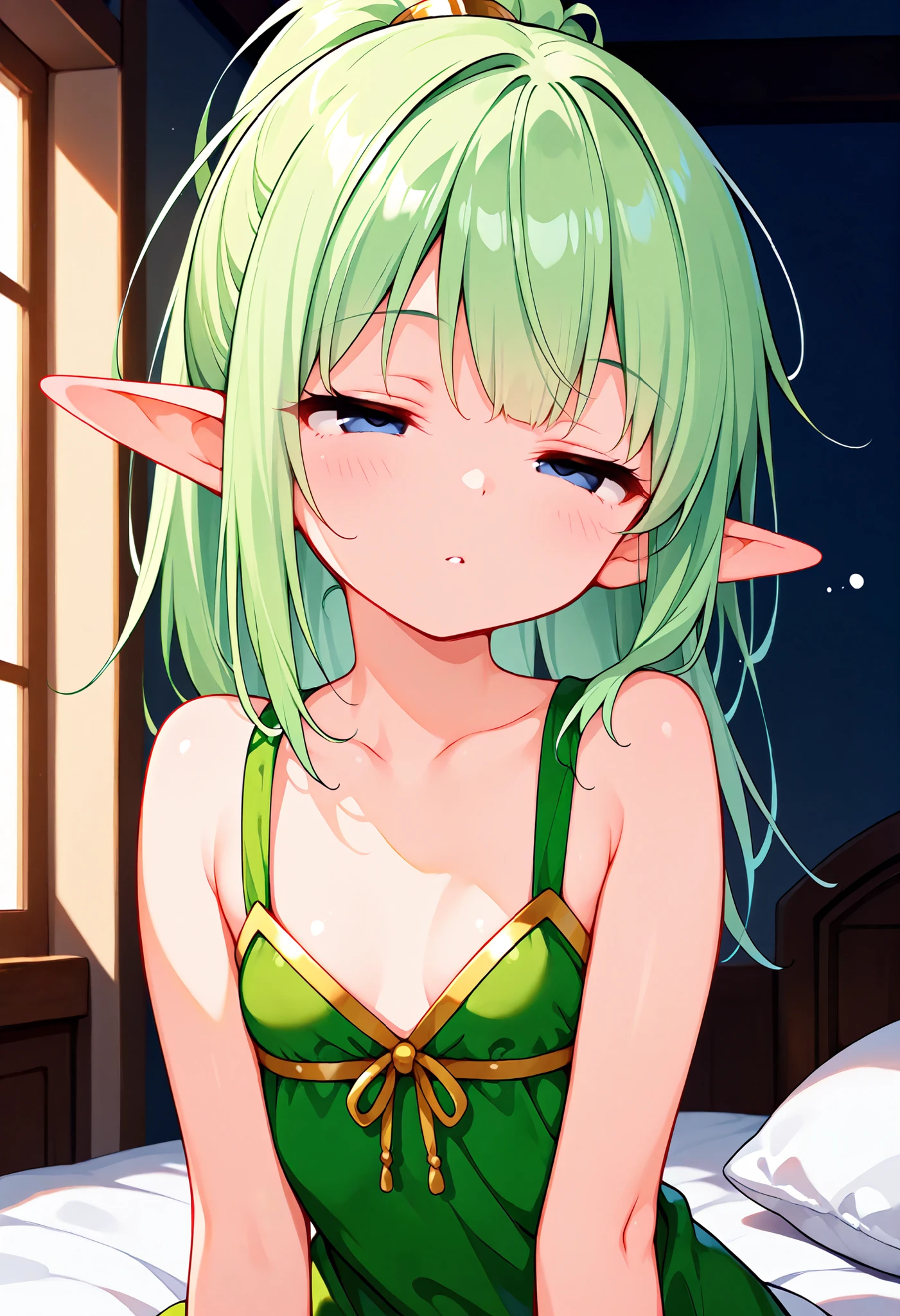 nude, naked, loli, flat chest, outside, smiling, elf ears, pointy ears, daylight, green eyes, happy, hair ornament, white hair, side ponytail, hand in hair, spread legs, green hair streak