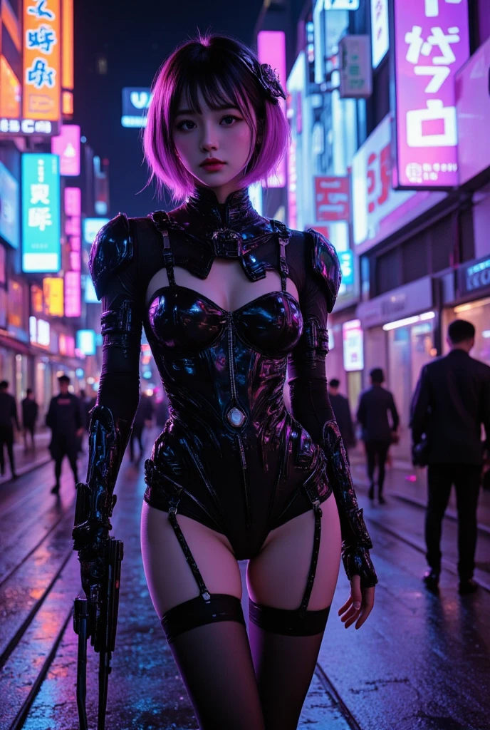 (masterpiece, top quality, best quality, official art, beautiful and aesthetic:1.2),(1 Sofia Boutella cyberpunk girl:1.4),([pink|blue] hair:1.5),((extreme detailed face)),(fractal art:1.3),(colorful:1.5), ((highly detailed face)), hyper detailed,(Mechanical modification:1.3),(modification:1.2),Maiden,(complex mechanical conduit is inserted into the back:1.5),(neon background:1.4),(neon city:1.75),night,(large breasts, thigh gap, camel toe), (gothic_lolita:1.2),high heels,(:0.75),makeup,blush,(cyberpunk:1.4),((looking at viewer:1.3)), ((cowboy shot)), NSFW, ((facing camera)).
