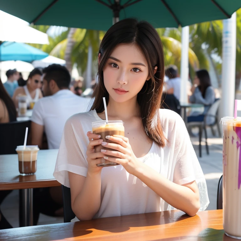 ((masterpiece, highest quality, High resolution)), 1 girl, (Realistic: 1.4), look forward to, (Beautiful black eyes:1.2), looking away, iris, shoulder length, (Beautiful Hair:1.5), (Small breasts:1.3), (Skinny body type:1.2), (School uniform with short sleeves:1.2), School classroom, (From the side:1.5), Smooth, Highly detailed CG composite 8k wallpaper, Swimsuit High resolution RAW Smiling Professional photography, Light, BackLight, dream-like, impressive, Written boundary depth   have a cup of coffee. 
she is  having coffee at a cafe.Stylish beach cafe hammock　1 person　