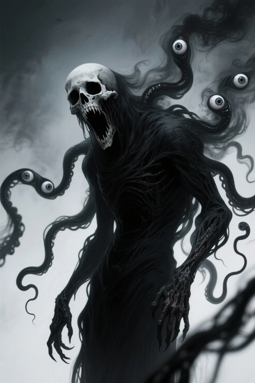 best quality,4k,highres,masterpiece:1.2,ultra-detailed,realistic:1.37,HDR,UHD,studio lighting,portrait,horror,gothic,haunting,terrifying,gloomy,nightmarish,ominous,dreadful,dark,demonic,terrific,macabre,surrealism,monstrous beast,tentacles,cosmic entity,intense,twisted,terrifying eyes,elongated face,otherworldly landscape,ruined city,ancient ruins,shadows lurking,spooky atmosphere,majestic dark wings,foreboding,overwhelming power,ethereal glow,sinister presence,emerging from darkness,nightmare realm,abyssal depths,surreal art,night sky filled with eldritch stars,imposing figure,bleak shadows,element of surprise,unfathomable depths,dimensions beyond,sublime terror,exploration of the unknown
