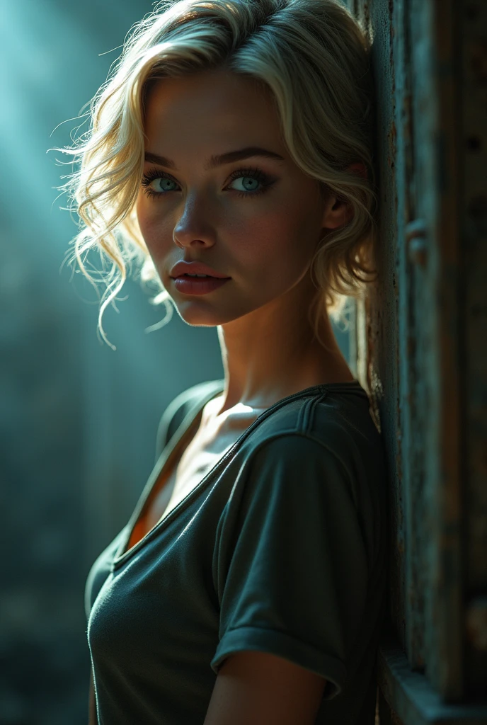fantasy, mistery, warm foggy ambient, a beautiful woman, slim woman, skinny figure, small breasts, full body, 38 years old, light blonde hair in a ponytail, tight mini dress, in a wooden hutt, leanning on a wood wall, detailed clothes, small size breasts, modeling expressions, beautiful blue eyes,