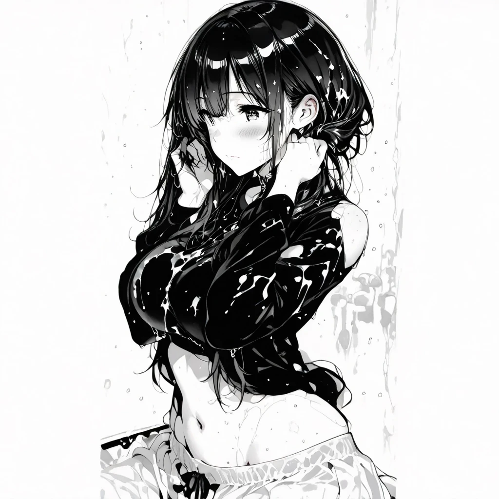 sexy girl, black long hair, lingerie, small breasts, marked nipples, the art of eroticism, tmari, sketch, traditional media, black and white image, hard pussy fingering, man fingering pussy, orgasm, wet