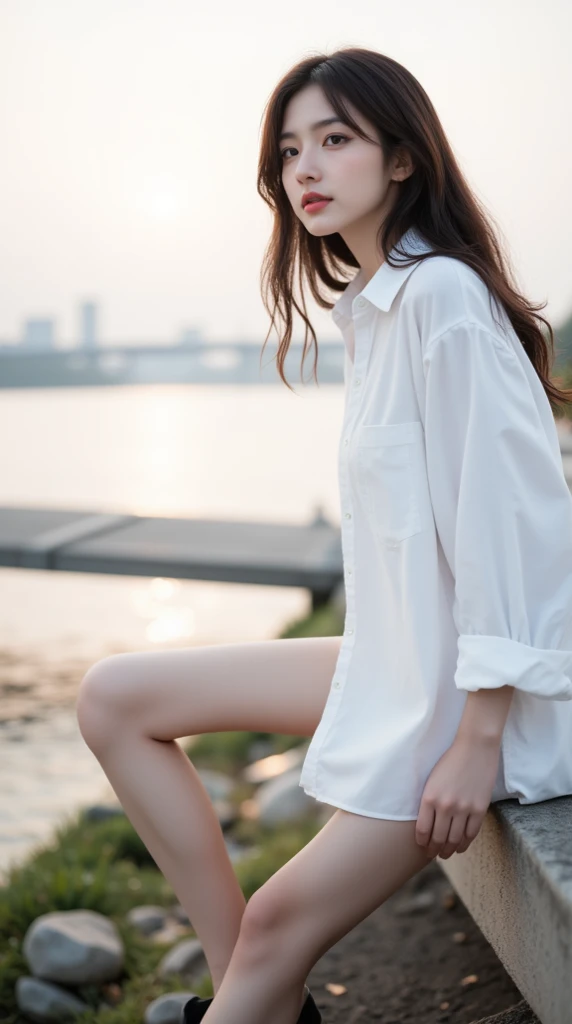 ((Highest quality, 8K, masterpiece: 1.3)), Sharp focus: 1.2, Beautiful woman with perfect figure: 1.4, whole body、From the side、Very cute face、Beautiful thighs、(Standing and tying the laces of his right shoe)、Slim Abs: 1.2, (Tight shorts)。 (White button-up long shirt: 1.1), (city: 1.2), Highly detailed face and skin texture, Fine grain, double eyelid
