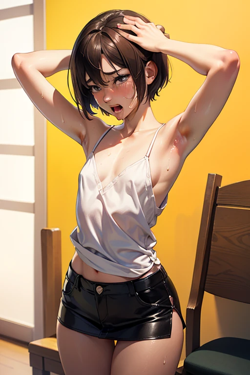 ((masterpiece, best quality)),((high resolution:1.3)), 1 Girl, solo, Cowboy Shot, Blurred Background, (((Small breasts))), Thighs, (underwear), ((lift Shirts:1.3)), Off shoulder, pixie cut
