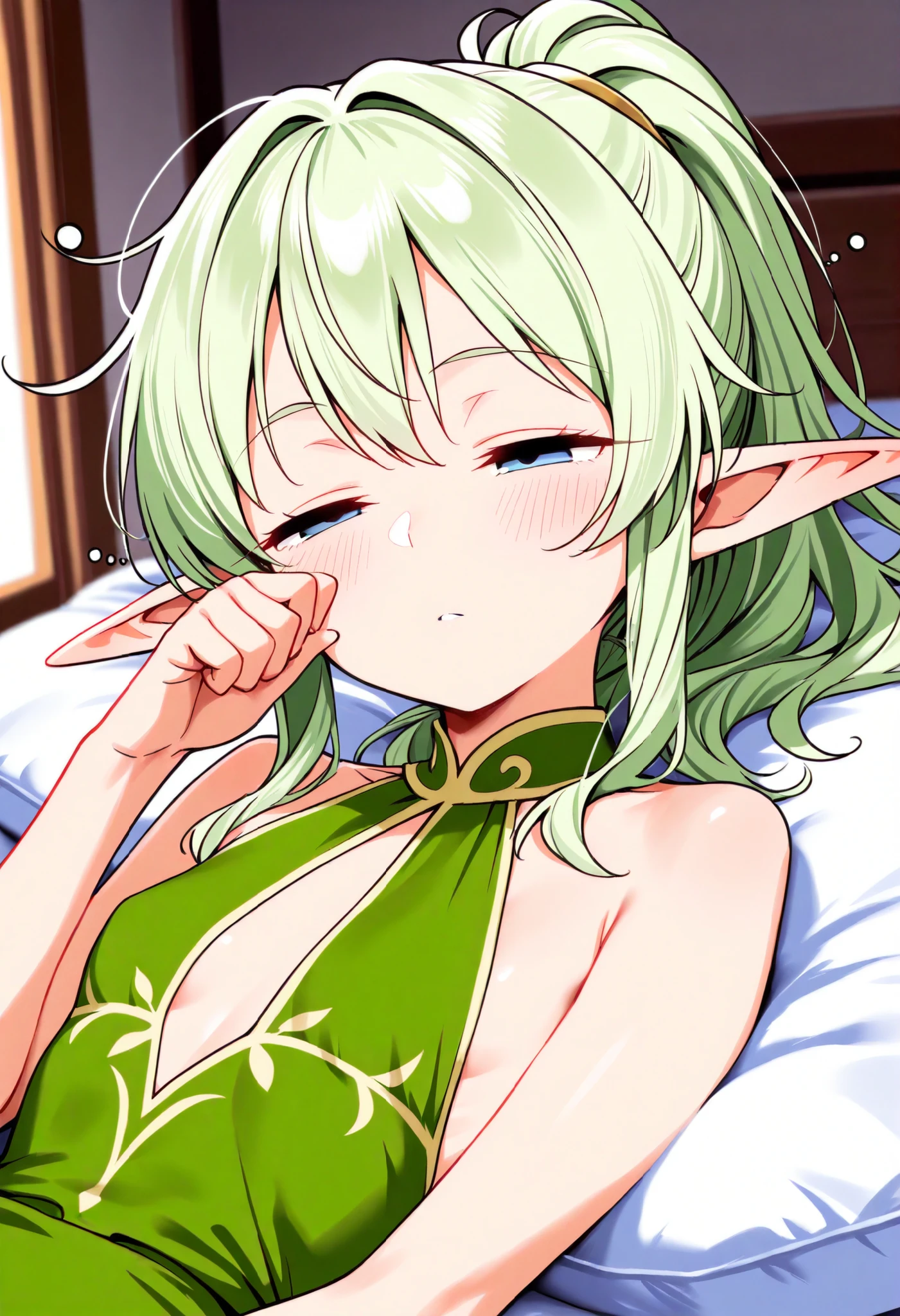 cute young girl, light blue hair, long hair, small braids hair, yellow eyes, dragon horn, dragon tail, elf ear, muscular body, small breast, nude, sleep pose, blushing, smile