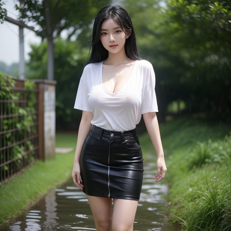 masterpiece, highest quality, realistic, 1 girl, that'It's wet and my T-shirt is transparent, mini skirt, big city, Backwards Sexy Pose, beautiful long hair, big ass, , realistic美しいlegs, my breasts are big, lie, stockings, nipple protrusion, 私 got soaked all over.., trained body, abs, professional lighting, glowing skin, Full body photo including legs