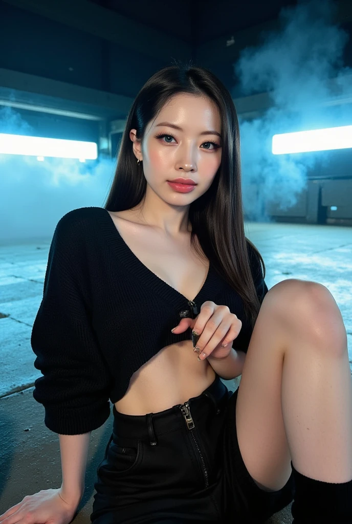 21-year-old dressed Asian woman with black long hair and a red top, black jeans, gorgeous, beautiful, full body shot, d-cup breasts, 170cm tall, in a studio posing, cinematic lighting, centered, captivating, 85mm full body portrait shot