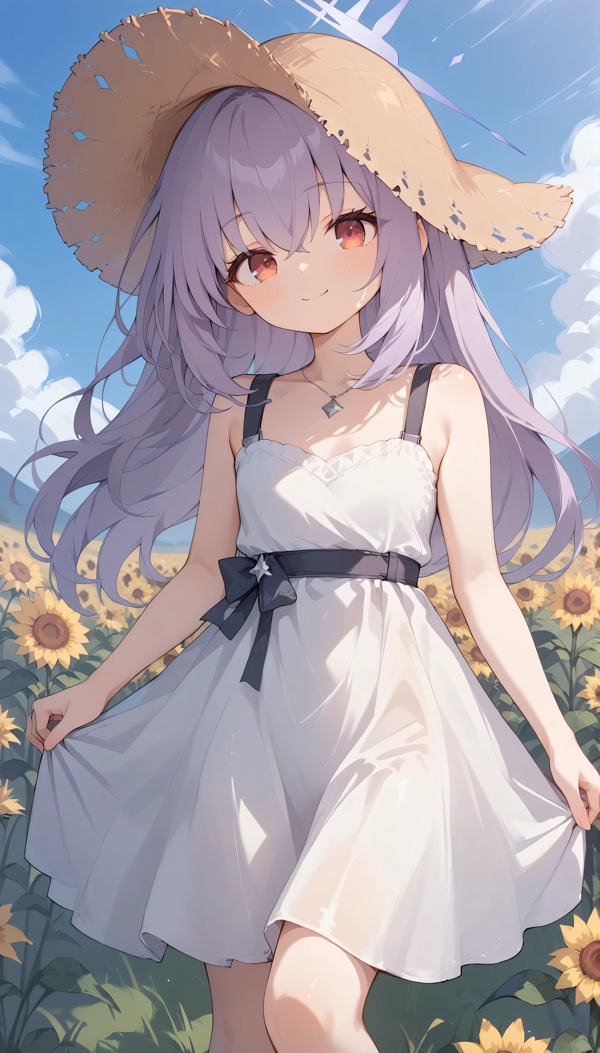 atsuko (blue archive),red eyes,purple hair,(straight hair:1.2),((long hair)),halo, solo, I can see my eyebrows from the inside of my hair, hair between eyes, is embarrassing, masterpiece, Best Quality, very aesthetic, thick thighs, Wide pelvis, sleeveless white dress, straw hat, outdoor, grassland, smile, sunflower field, bare arms, closed mouth,