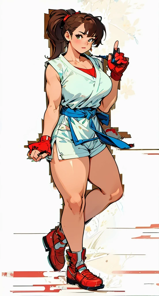 Tall, muscular, crazy woman, Smiling, medium tits, big butt, long, spiky red hair. Gray fighting dog, with torn sleeves, with a white karate belt, bandages on his hands and feet, white panties, standing, white background, full HD, 8K, Cinematic lights, super detailed face, beautiful face.